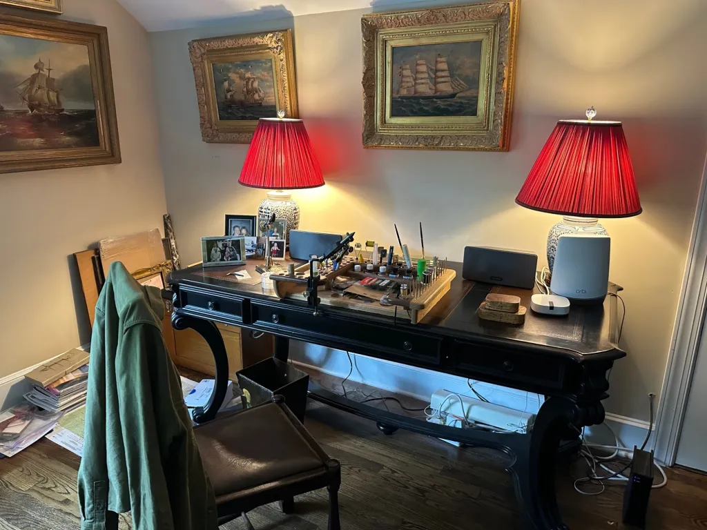 My newly set-up tying station. Most of the tools will be put away. I generally work with just one bobbin and one pair of scissors on my desk.